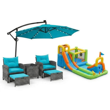Summer Patio Luxury Bundle: 5-Pc Rattan Furniture Set 8-in-1 Water Slide & 10ft LED Offset Umbrella - Outdoor & Patio