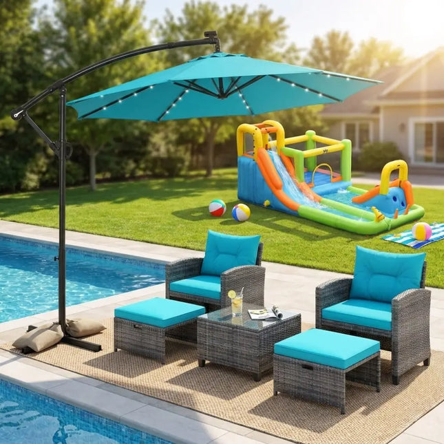 Summer Patio Luxury Bundle: 5-Pc Rattan Furniture Set 8-in-1 Water Slide & 10ft LED Offset Umbrella - Outdoor & Patio