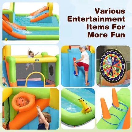 Summer Patio Luxury Bundle: 5-Pc Rattan Furniture Set 8-in-1 Water Slide & 10ft LED Offset Umbrella - Outdoor & Patio