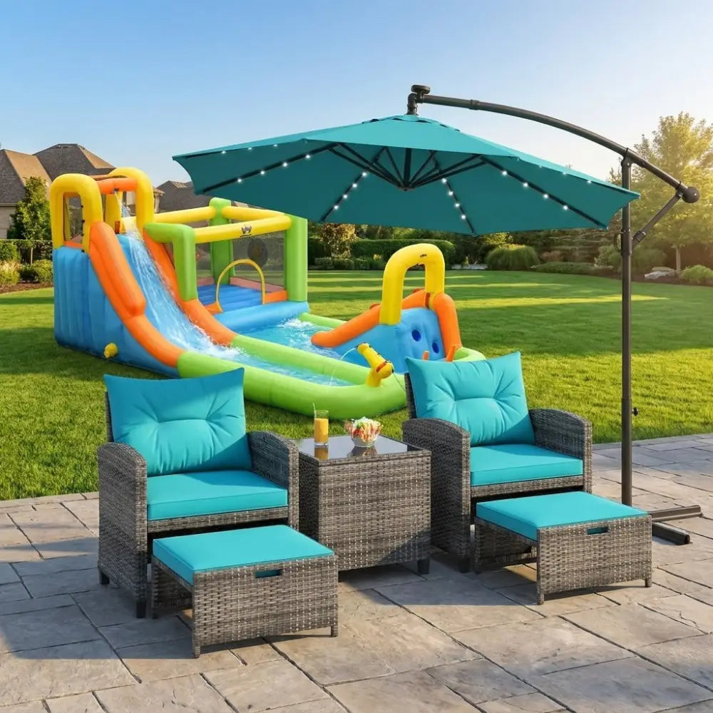 Summer Patio Luxury Bundle: 5-Pc Rattan Furniture Set 8-in-1 Water Slide & 10ft LED Offset Umbrella - Outdoor & Patio