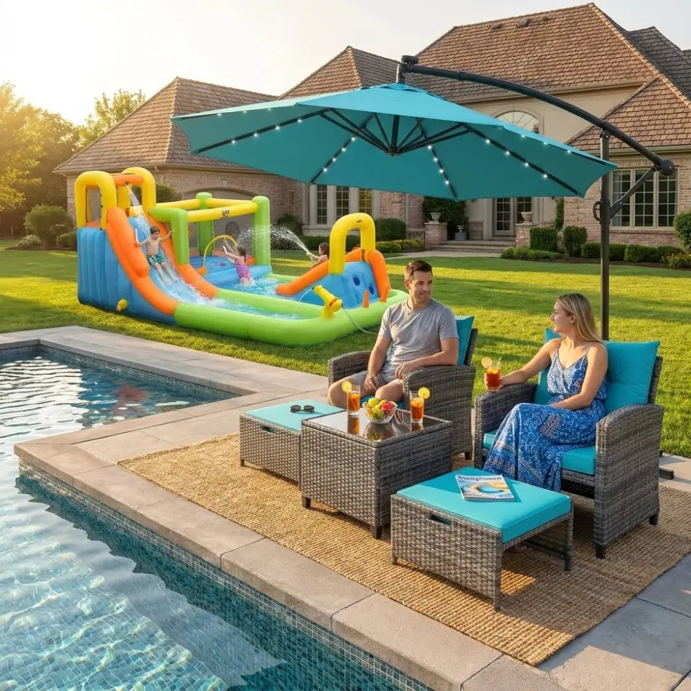 Summer Patio Luxury Bundle: 5-Pc Rattan Furniture Set 8-in-1 Water Slide & 10ft LED Offset Umbrella - Outdoor & Patio