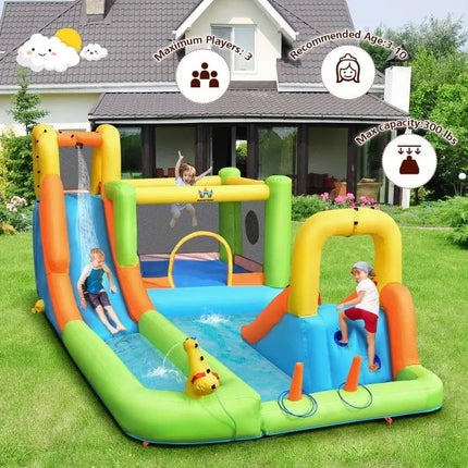 Summer Patio Luxury Bundle: 5-Pc Rattan Furniture Set 8-in-1 Water Slide & 10ft LED Offset Umbrella - Outdoor & Patio