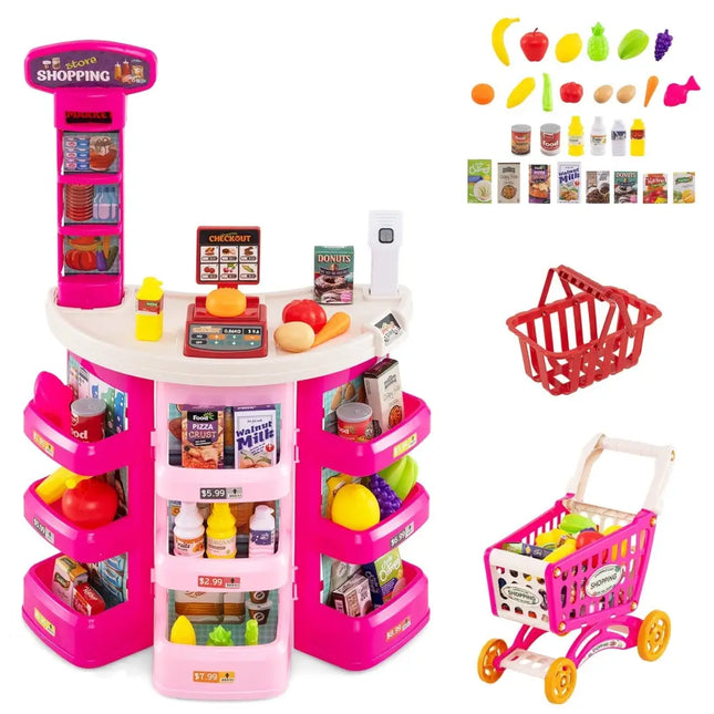 Supermarket Playset for Kids 76 PCS Pretend Play Grocery Store Set with Shopping Cart - Pink - Oasis Home Essentials