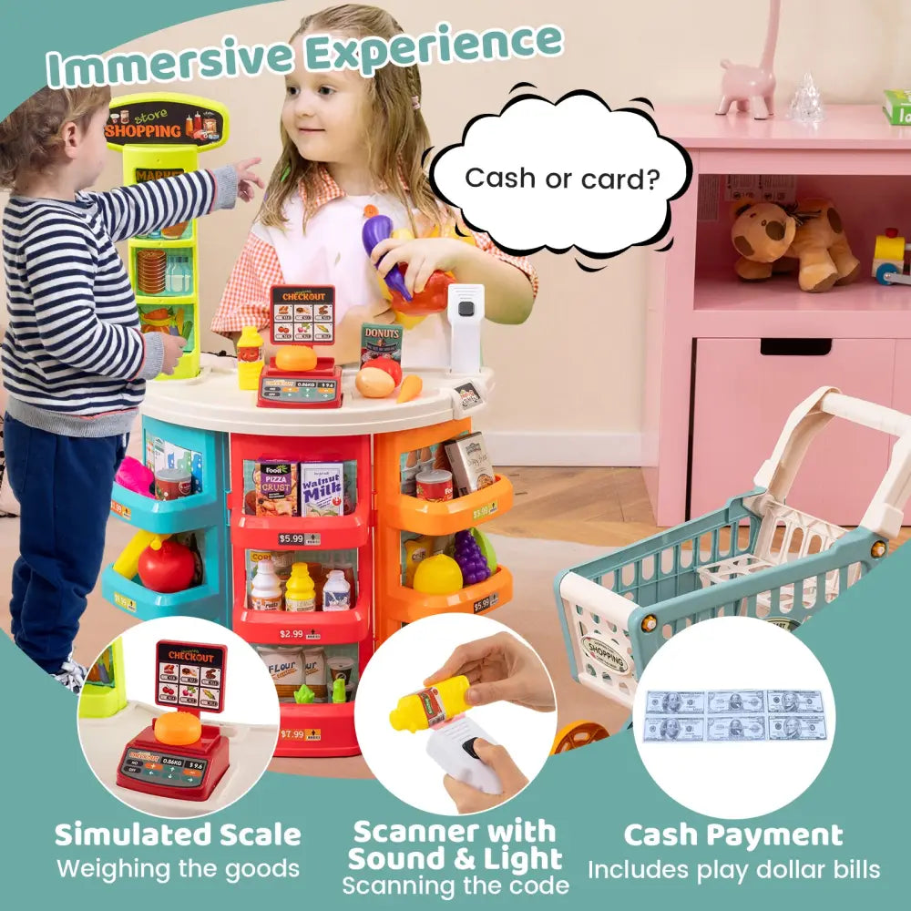 Supermarket Playset for Kids 76 PCS Pretend Play Grocery Store Set with Shopping Cart-Blue - Blue - Pretend Toys