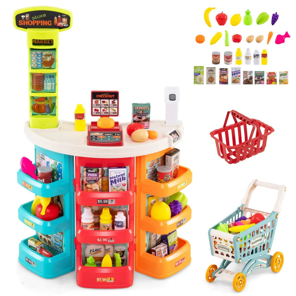 Supermarket Playset for Kids 76 PCS Pretend Play Grocery Store Set with Shopping Cart-Blue - Blue - Pretend Toys