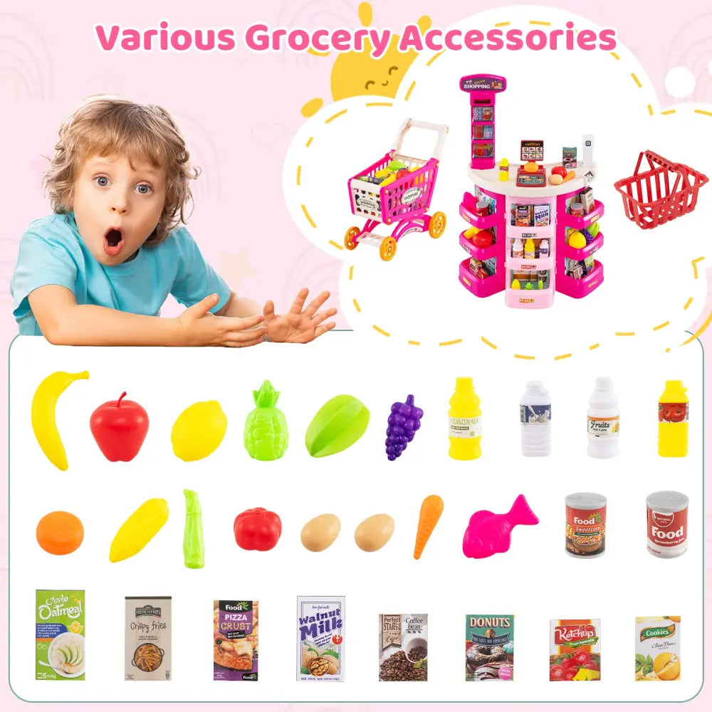 Supermarket Playset for Kids 76 PCS Pretend Play Grocery Store Set with Shopping Cart-Pink - Pink - Pretend Toys
