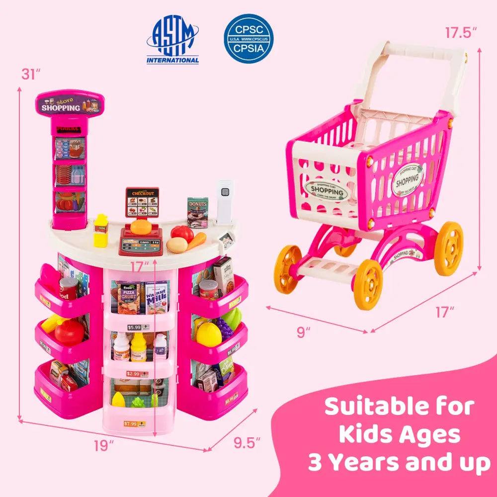 Supermarket Playset for Kids 76 PCS Pretend Play Grocery Store Set with Shopping Cart-Pink - Pink - Pretend Toys