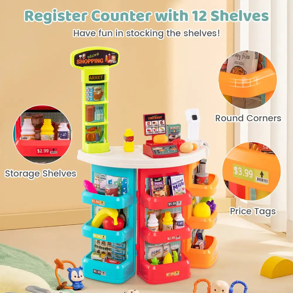 Supermarket Playset for Kids 76 PCS Pretend Play Grocery Store Set with Shopping Cart-Blue - Blue - Pretend Toys