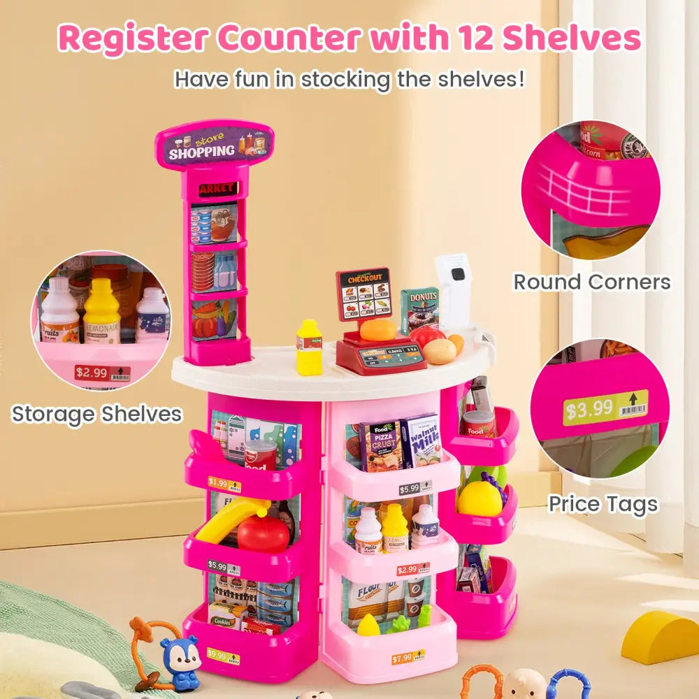Supermarket Playset for Kids 76 PCS Pretend Play Grocery Store Set with Shopping Cart-Pink - Pink - Pretend Toys