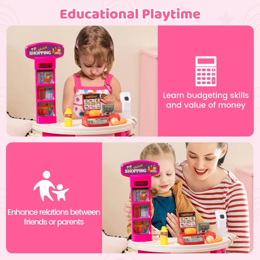 Supermarket Playset for Kids 76 PCS Pretend Play Grocery Store Set with Shopping Cart-Pink - Pink - Pretend Toys