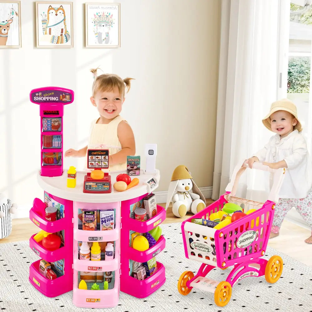 Supermarket Playset for Kids 76 PCS Pretend Play Grocery Store Set with Shopping Cart-Pink - Pink - Pretend Toys