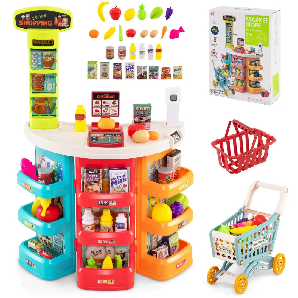 Supermarket Playset for Kids 76 PCS Pretend Play Grocery Store Set with Shopping Cart-Blue - Blue - Pretend Toys