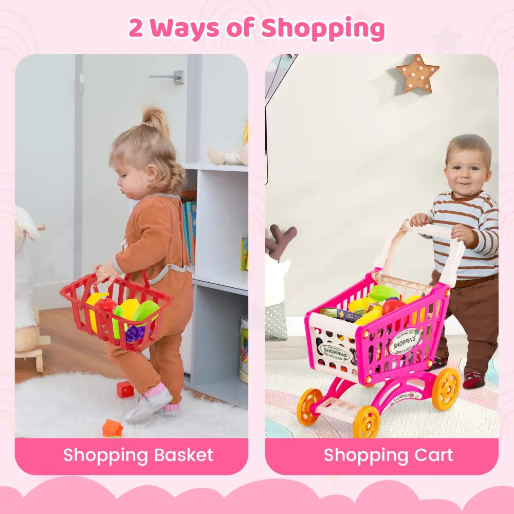 Supermarket Playset for Kids 76 PCS Pretend Play Grocery Store Set with Shopping Cart-Pink - Pink - Pretend Toys