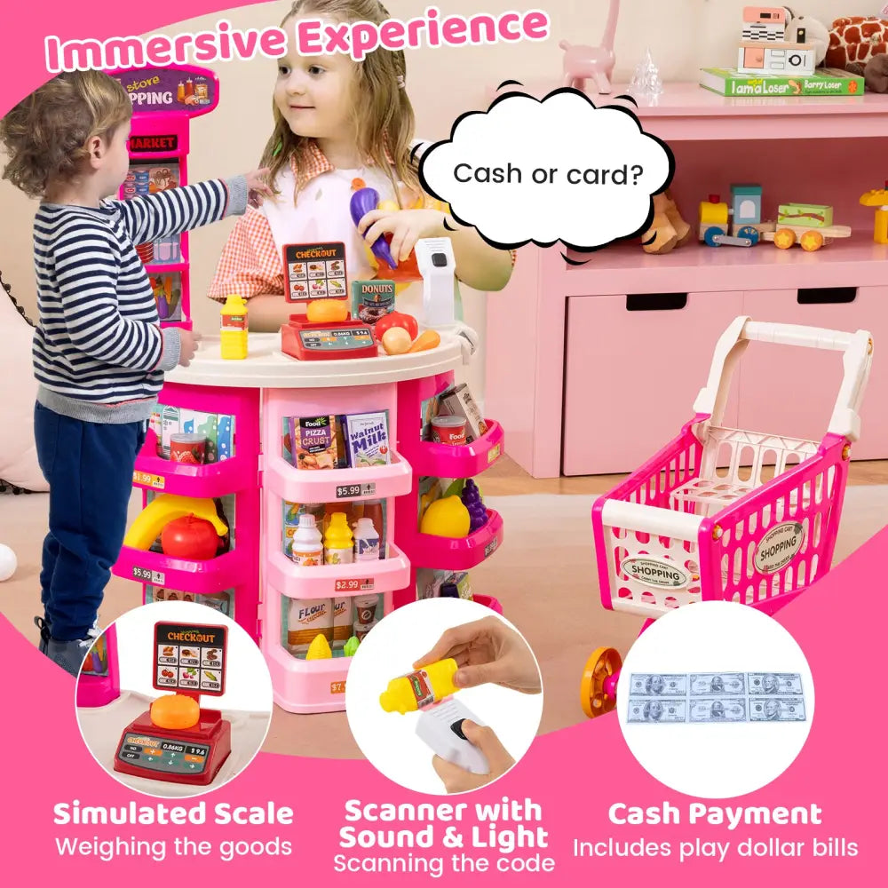 Supermarket Playset for Kids 76 PCS Pretend Play Grocery Store Set with Shopping Cart-Pink - Pink - Pretend Toys