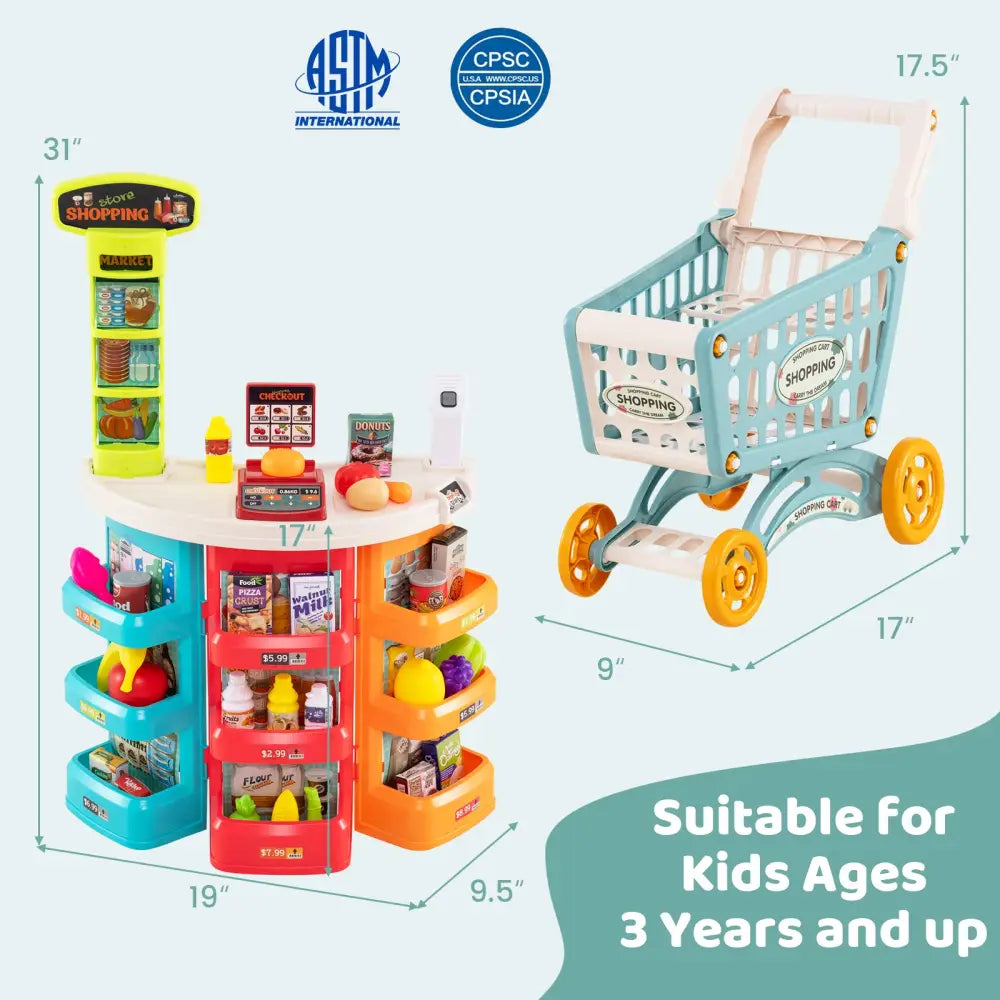 Supermarket Playset for Kids 76 PCS Pretend Play Grocery Store Set with Shopping Cart-Blue - Blue - Pretend Toys