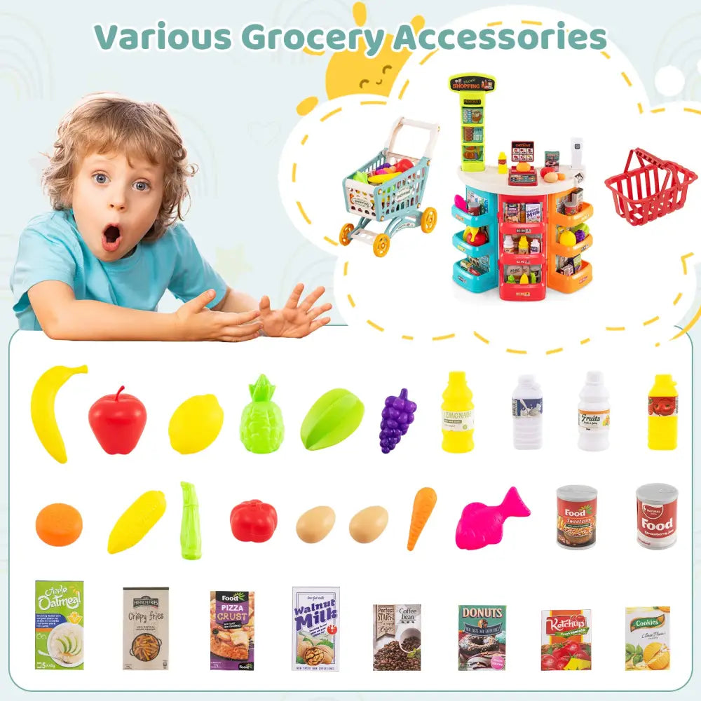 Supermarket Playset for Kids 76 PCS Pretend Play Grocery Store Set with Shopping Cart-Blue - Blue - Pretend Toys