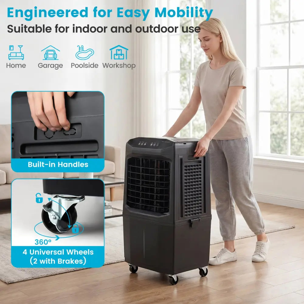 Swamp Cooler 1800 CFM Evaporative Air Cooler with 7 Gal Detachable Water Tank-Black - Black - Air Coolers