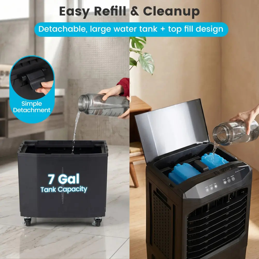 Swamp Cooler 1800 CFM Evaporative Air Cooler with 7 Gal Detachable Water Tank-Black - Black - Air Coolers