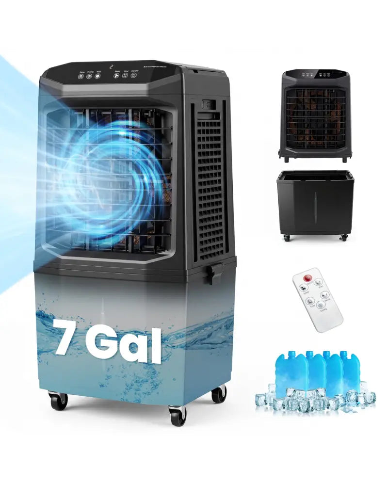 Swamp Cooler 1800 CFM Evaporative Air Cooler with 7 Gal Detachable Water Tank-Black - Black - Air Coolers