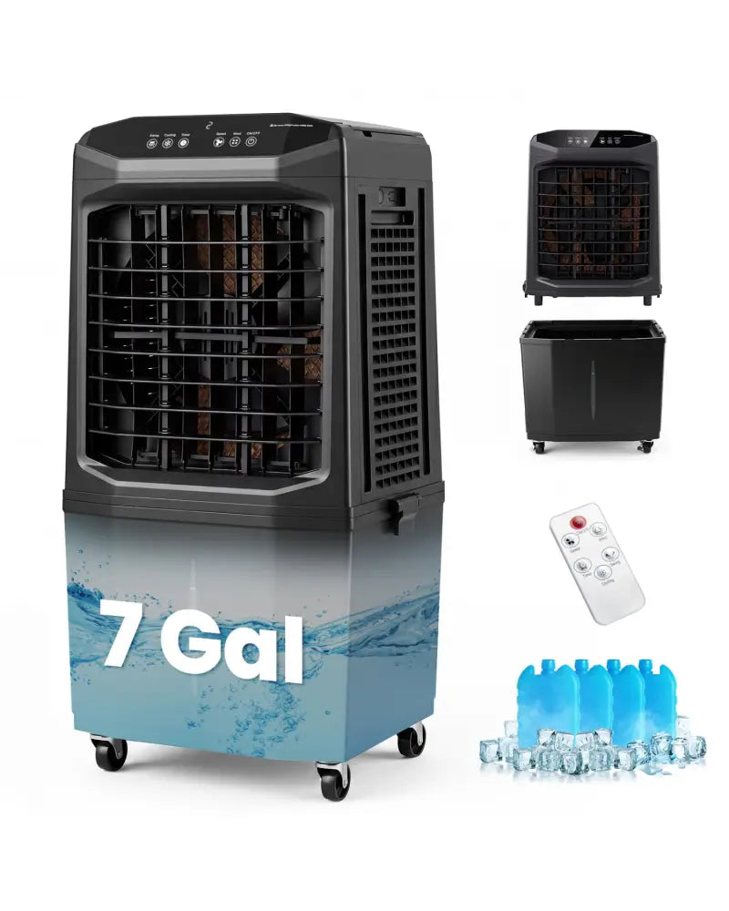 Swamp Cooler 1800 CFM Evaporative Air Cooler with 7 Gal Detachable Water Tank-Black - Black - Air Coolers