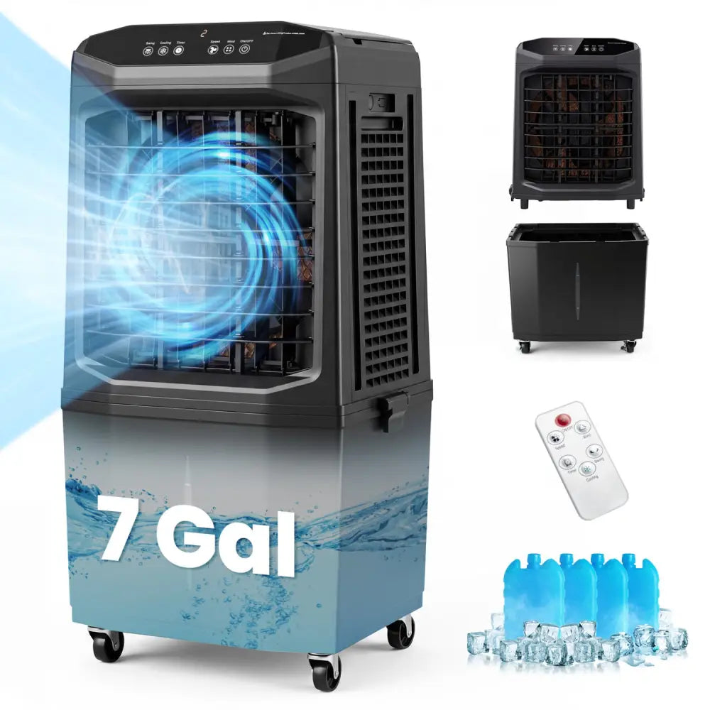Swamp Cooler 1800 CFM Evaporative Air Cooler with 7 Gal Detachable Water Tank-Black - Black - Air Coolers