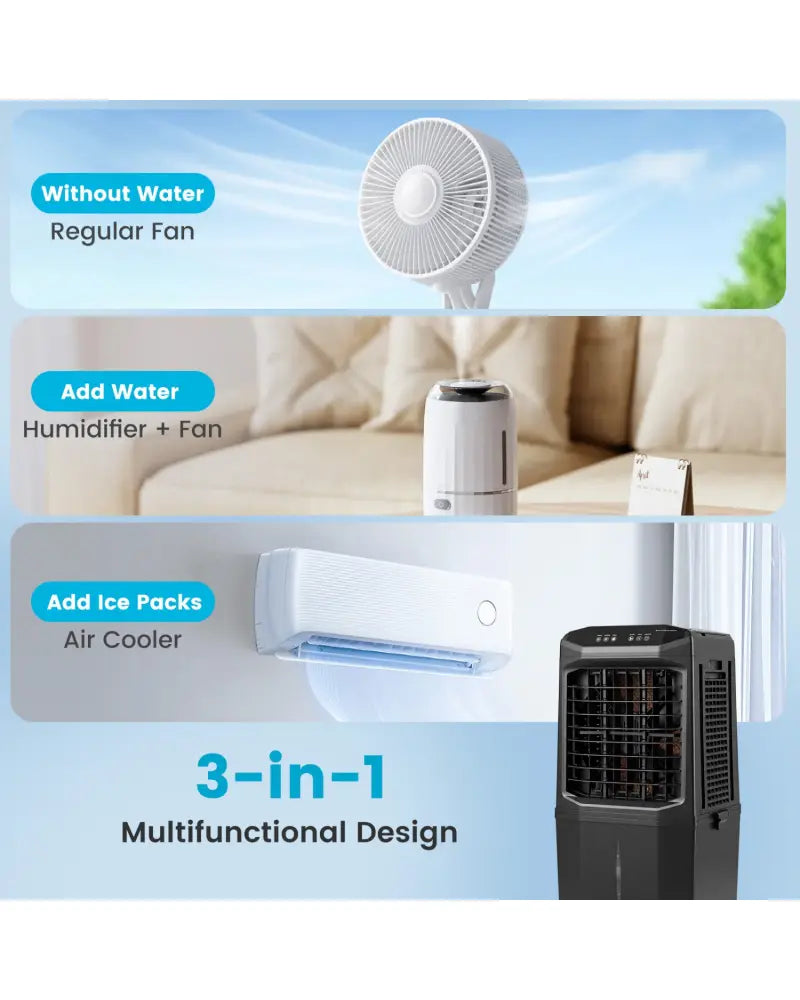 Swamp Cooler 1800 CFM Evaporative Air Cooler with 7 Gal Detachable Water Tank-Black - Black - Air Coolers