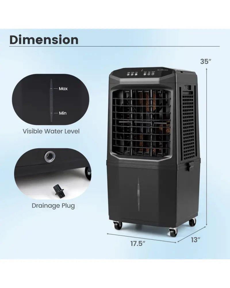 Swamp Cooler 1800 CFM Evaporative Air Cooler with 7 Gal Detachable Water Tank-Black - Black - Air Coolers