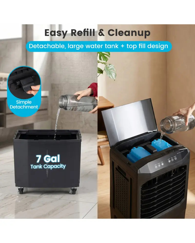 Swamp Cooler 1800 CFM Evaporative Air Cooler with 7 Gal Detachable Water Tank-Black - Black - Air Coolers