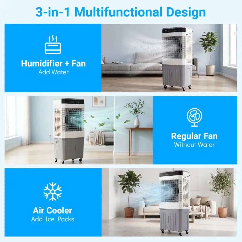 Swamp Cooler 2100 CFM 3-in-1 Evaporative Air Cooler with 7.2 Gal Water Tank-White - White - Air Coolers
