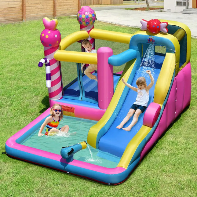 Sweet Candy Inflatable Bounce House with Water Slide and 480W Blower - Inflatable Water Slides