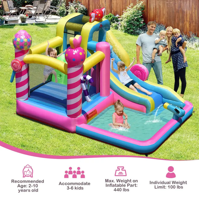 Sweet Candy Inflatable Bounce House with Water Slide and 480W Blower - Inflatable Water Slides