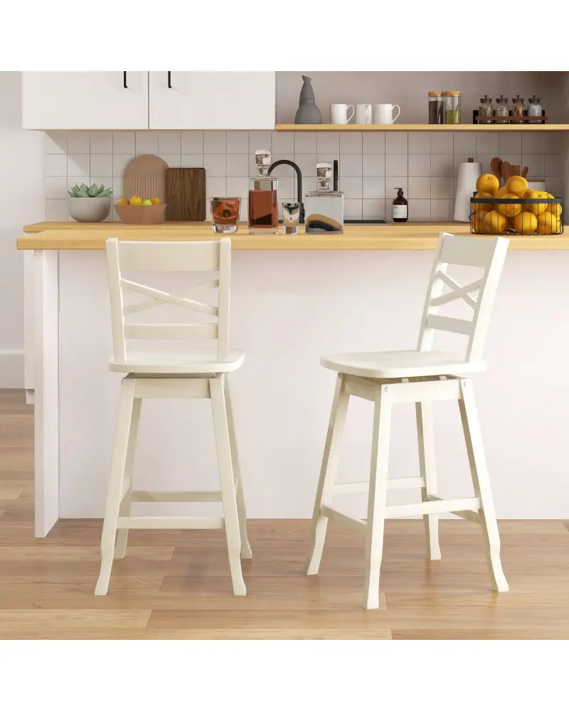 Swivel 24-Inch Counter Height Stool Set of 2 with Inclined Backrest-Cream - White - Bar Stools