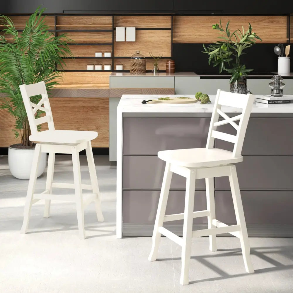 Swivel 24-Inch Counter Height Stool Set of 2 with Inclined Backrest-Cream - White - Bar Stools