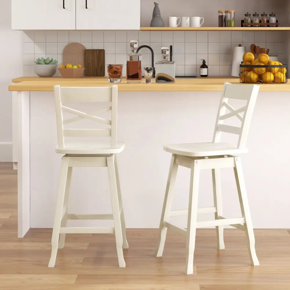 Swivel 24-Inch Counter Height Stool Set of 2 with Inclined Backrest-Cream - White - Bar Stools