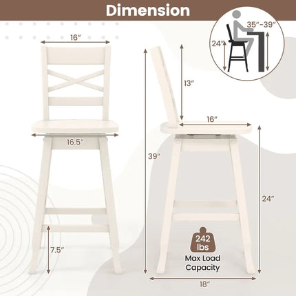 Swivel 24-Inch Counter Height Stool Set of 2 with Inclined Backrest-Cream - White - Bar Stools