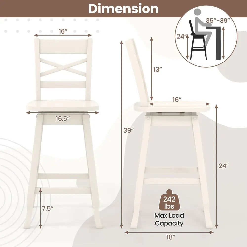 Swivel 24-Inch Counter Height Stool Set of 2 with Inclined Backrest-Cream - White - Bar Stools