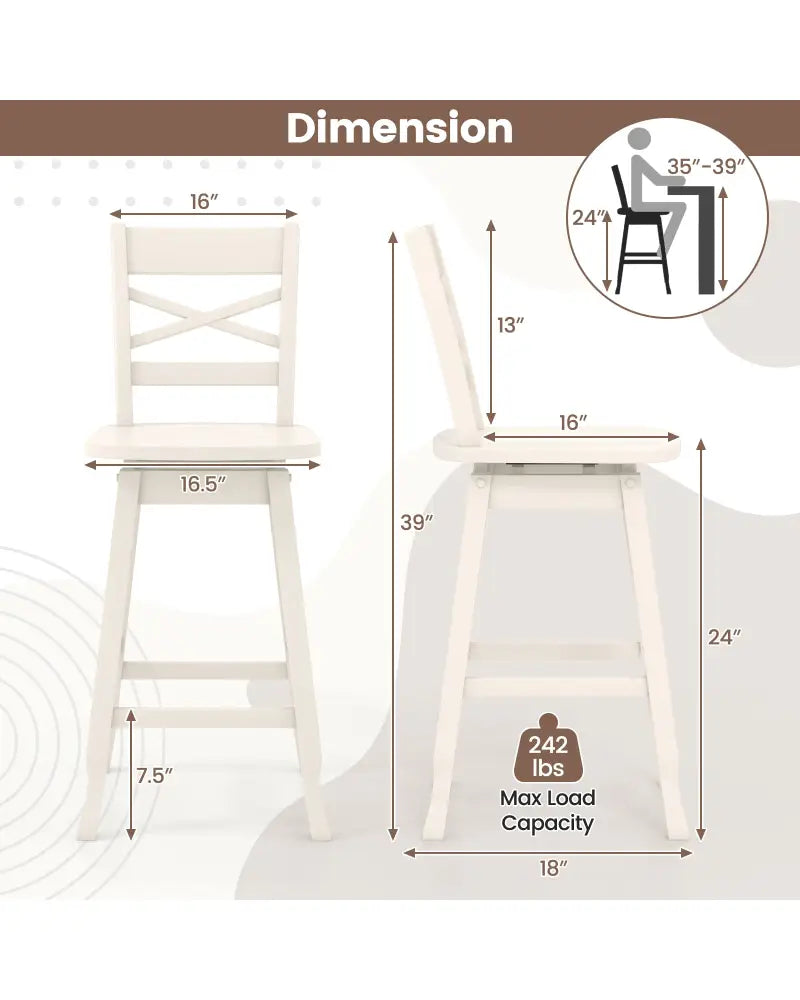 Swivel 24-Inch Counter Height Stool Set of 2 with Inclined Backrest-Cream - White - Bar Stools
