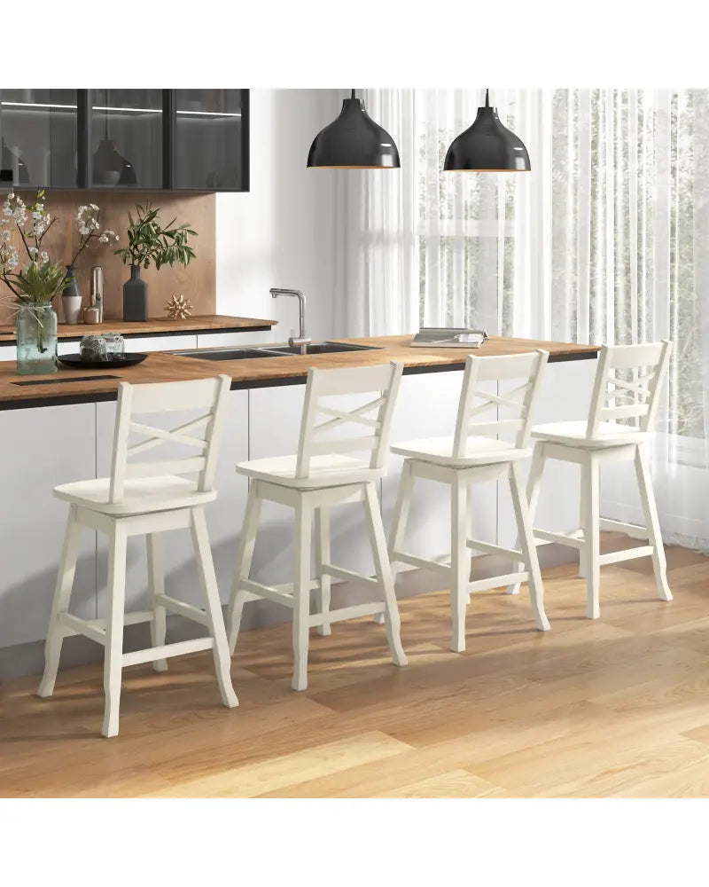 Swivel 24-Inch Counter Height Stool Set of 2 with Inclined Backrest-Cream - White - Bar Stools