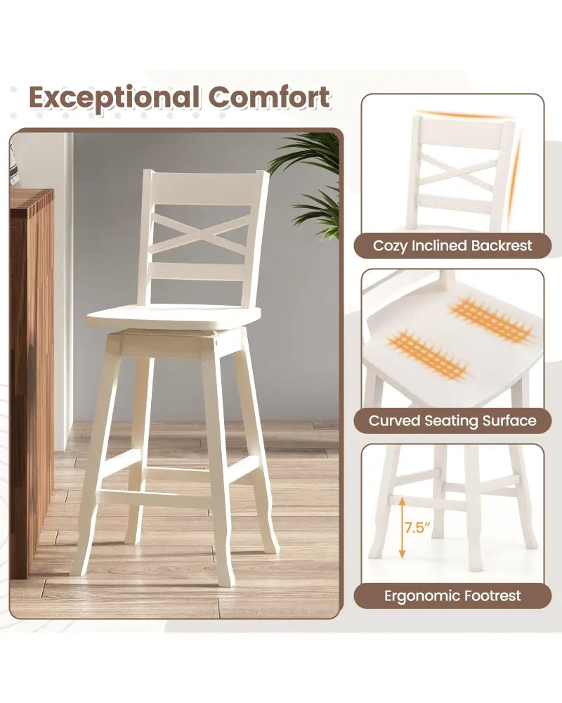 Swivel 24-Inch Counter Height Stool Set of 2 with Inclined Backrest-Cream - White - Bar Stools