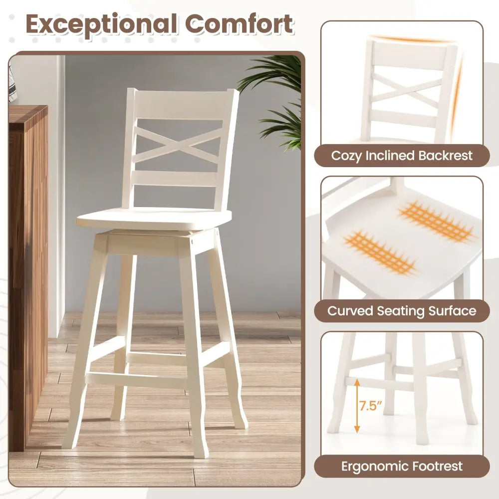 Swivel 24-Inch Counter Height Stool Set of 2 with Inclined Backrest-Cream - White - Bar Stools