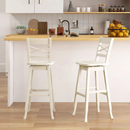Swivel 30-Inch Bar Height Stool Set of 2 with Footrest-Cream White - Cream White - Bar Stools