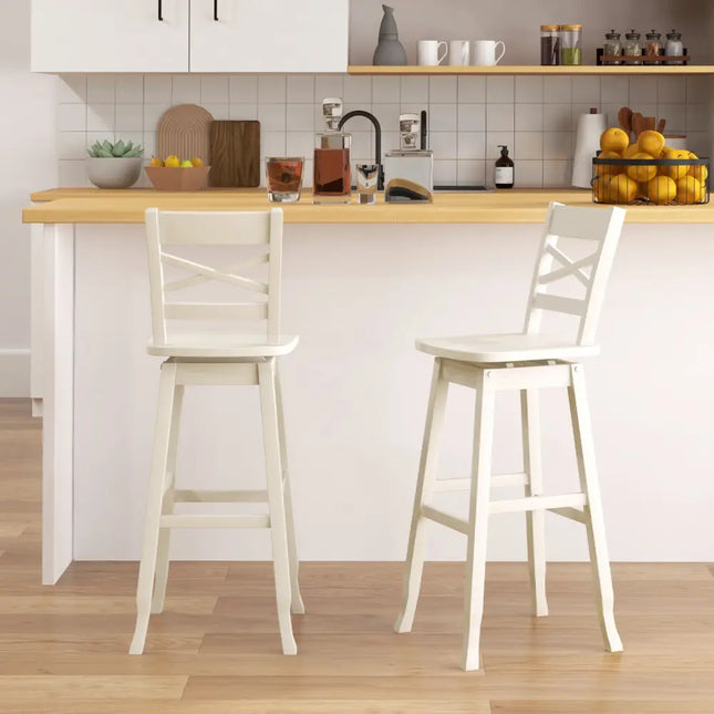 Swivel 30-Inch Bar Height Stool Set of 2 with Footrest-Cream White - Cream White - Bar Stools