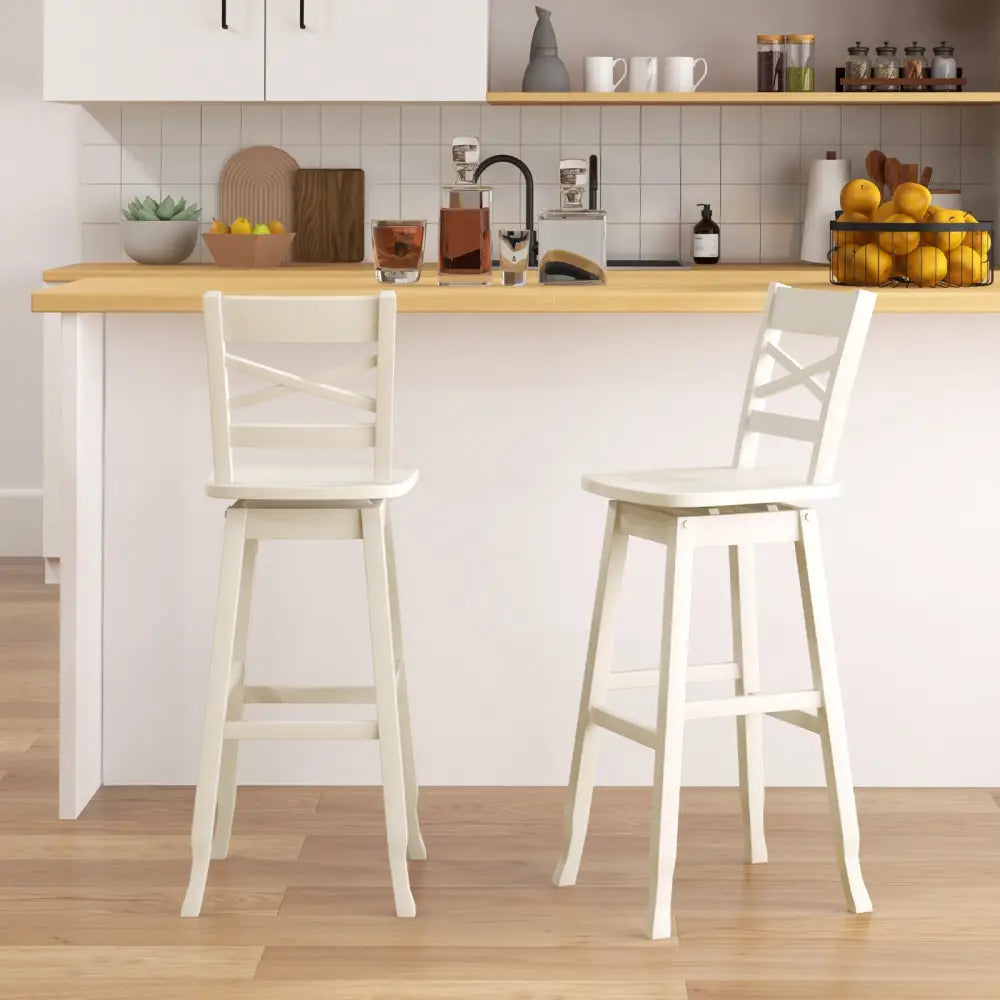 Swivel 30-Inch Bar Height Stool Set of 2 with Footrest-Cream White - Cream White - Bar Stools