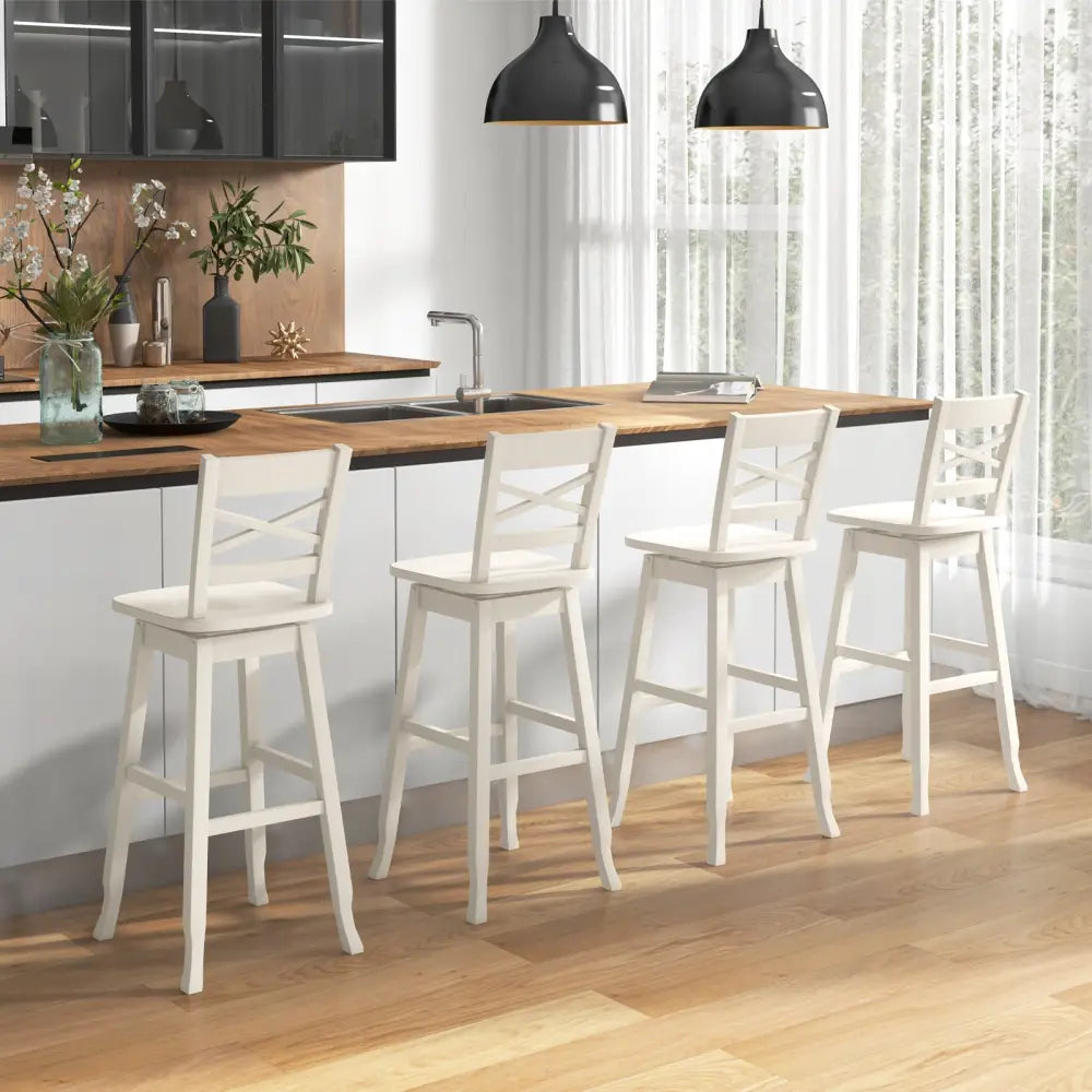 Swivel 30-Inch Bar Height Stool Set of 2 with Footrest-Cream White - Cream White - Bar Stools