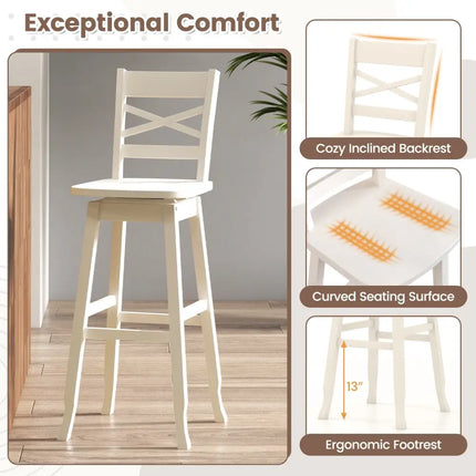 Swivel 30-Inch Bar Height Stool Set of 2 with Footrest-Cream White - Cream White - Bar Stools