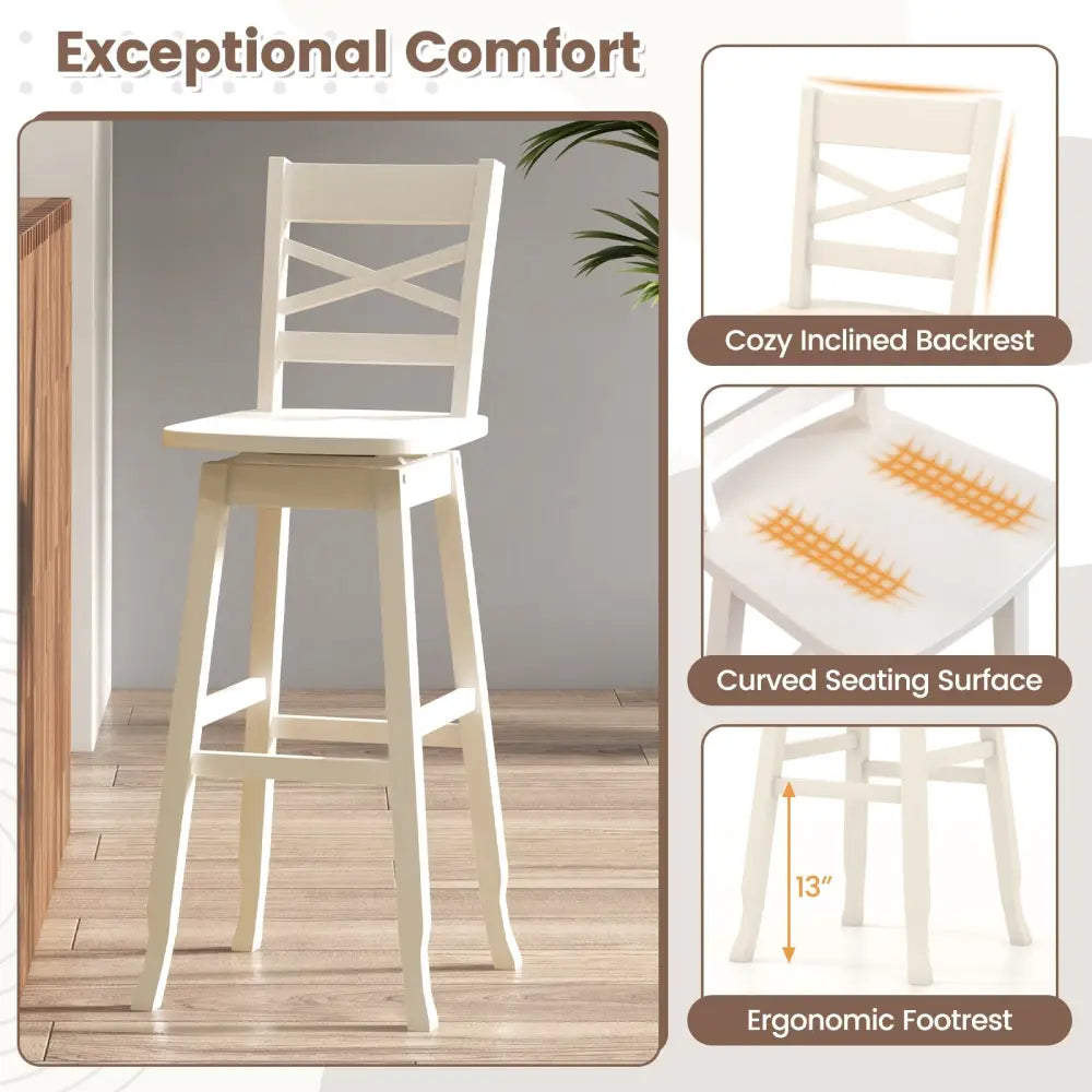 Swivel 30-Inch Bar Height Stool Set of 2 with Footrest-Cream White - Cream White - Bar Stools