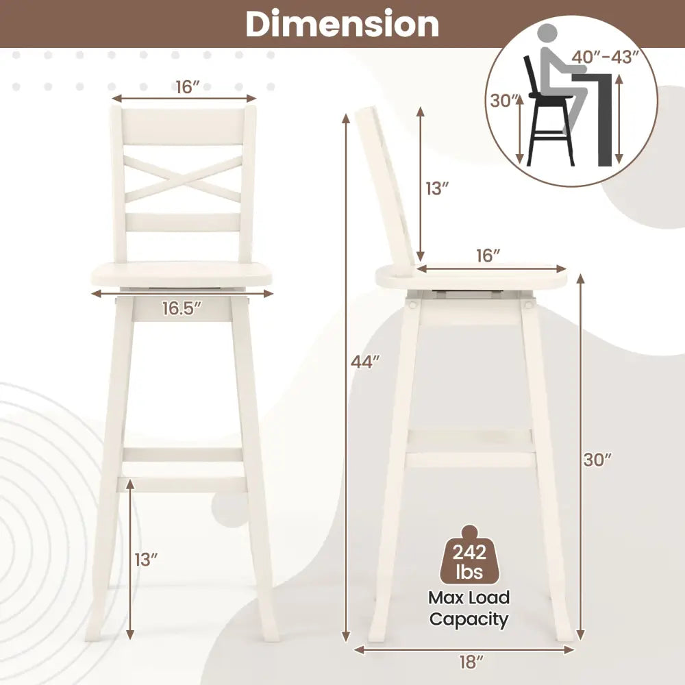Swivel 30-Inch Bar Height Stool Set of 2 with Footrest-Cream White - Cream White - Bar Stools