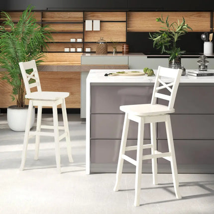 Swivel 30-Inch Bar Height Stool Set of 2 with Footrest-Cream White - Cream White - Bar Stools