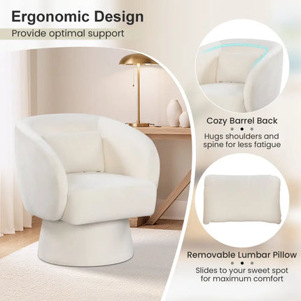 Swivel Accent Chair Upholstered Barrel Chair with Curved Back and Removable Lumbar Pillow-Beige - Beige - Accent Chairs