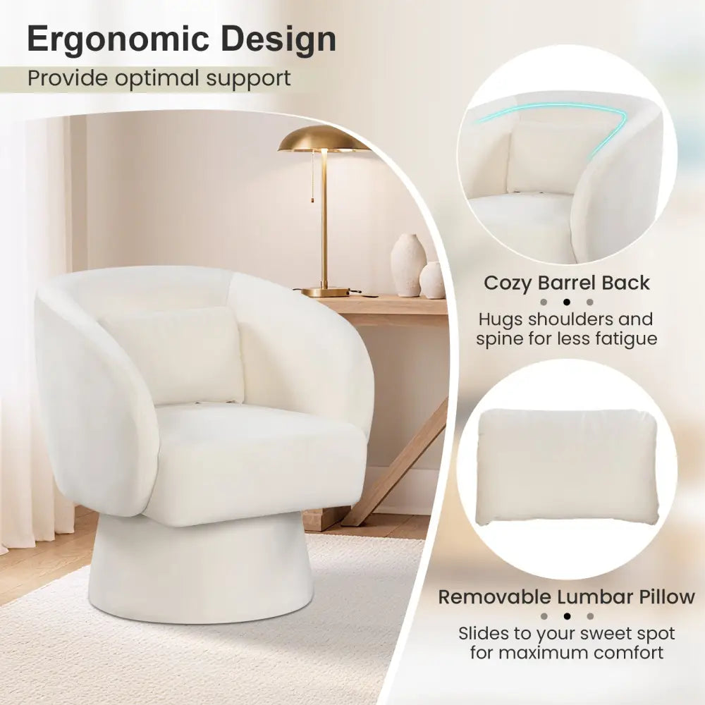 Swivel Accent Chair Upholstered Barrel Chair with Curved Back and Removable Lumbar Pillow-Beige - Beige - Accent Chairs